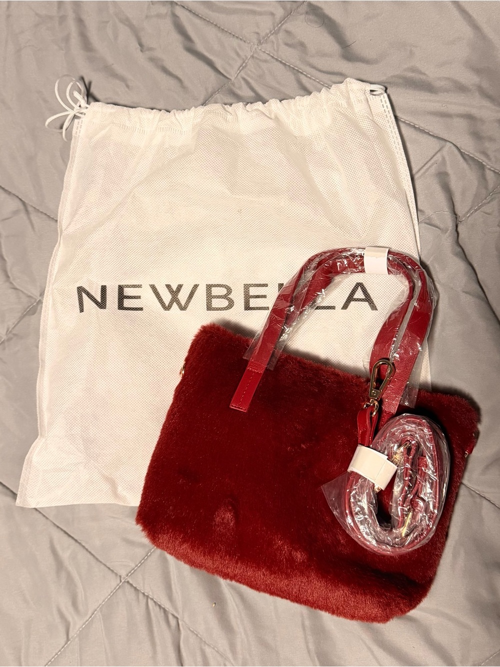NEWBELLA Red Faux Fur Shoulder Bag with Removable Strap